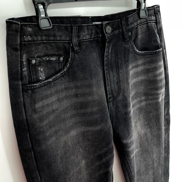 Homme + Femme NEW Jeans Mens Sz 34 Black Straight Leg Torn Pocket Cotton Blend - Picture 2 of 10